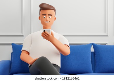 Portrait Of Happy Cartoon Character Man Using Smartphone At Blue Sofa In White Interior. 3d Render Illustration.