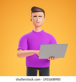Portrait of happy cartoon character man in purple t-shirt holding laptop over yellow background. Digital marketing and data science concept. 3d render illustration.
