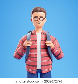 Portrait Happy Cartoon Character Student Man In Red Plaid Shirt Stand With Backpack Over Blue Background. University Education Concept. 3d Render Illustration.