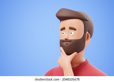 Portrait Of Happy Cartoon Man Touch Chin And Dreaming Or Make Decision Over Blue Background. 3d Render Illustration.