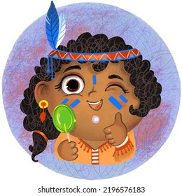 Portrait Of A Happy Cute Girl In A Native American Princess Costume Looking Into The Camera Illustration. Cartoon Illustration On A Round Background. For Design, Print, Game, Decor,  Clothes, Stickers