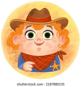 Portrait Of A Happy Cute Little Kid Boy In A Cowboy Costume Looking Into The Camera Illustration. Cartoon Illustration On A Round Background. For Design, Print, Game, Decor, Party, Clothes, Stickers