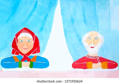 Portrait Of A Happy And Healthy Grandparents Seniors With Gray Hair And Bright Clothes Sitting And Listening Carefully In House Outside The Window As A Symbol Of Strong Family And Love, Fairytale