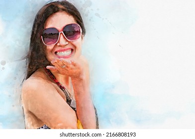 Portrait of happy smiling Asian girl, dressed casually, looking at camera showing white teeth with positive facial expressions and emotions. Digital watercolor painting illustration with copy space. - Powered by Shutterstock