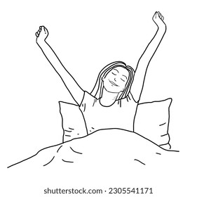 Portrait of Happy Young smiling woman with eyes closed and  stretching out in bed feeling fresh and relaxed. line Drawing illustration. - Powered by Shutterstock