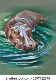 Portrait of a hippopotamus. Graphic illustration of a hippopotamus in the water on a  green background.