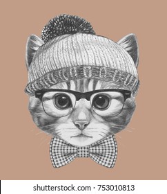 Portrait of Hipster Cat. Portrait of Cat with sunglasses and hat. Hand-drawn illustration.