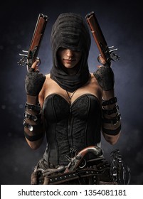Portrait of a hooded well armed female pirate Assassin with multiple black powder pistol's and a cutlass sword on a bokeh background. 3d rendering
