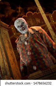 Portrait Of A Horrible, Psycho Bald Clown On A Creepy Carnival. 3D Illustration. 
