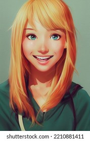 Portrait Illustration Of Happy Teenage Blond Girl, Manga Style