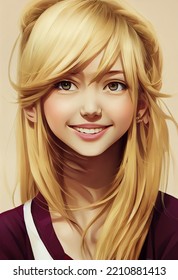 Portrait Illustration Of Happy Teenage Blond Girl, Manga Style