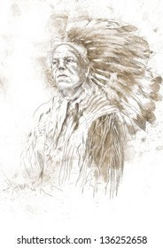 Portrait of an Indian chief. /// A hand drawn illustration.