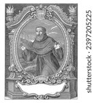 Portrait of Joseph of Cupertino in Decorated Frame, Benoit Farjat, after Andrea Procaccini, 1656 - 1720, vintage engraved.
