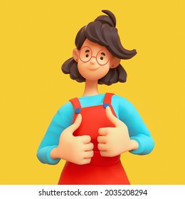 Portrait of kawaii asian casual brunette girl in glasses wearing red apron, blue t-shirt showing thumb up, positive hand gesture, good job, respect. Minimal stylized art. 3d render on yellow backdrop