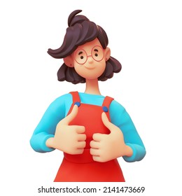 Portrait of kawaii casual brunette girl in glasses wears red overalls, blue t-shirt shows thumb up, positive hand gesture, good job, respect. Minimal stylized art. 3d render isolated on white backdrop