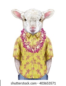 Portrait Of Lamb In A Summer Shirt With Hawaiian Lei. Hand-drawn Illustration, Digitally Colored.