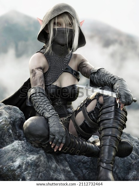 Portrait of a lone hooded and masked\
mysterious female Dark Elf rouge sitting atop a rock outcropping\
waiting for her next objective . 3d\
rendering\
