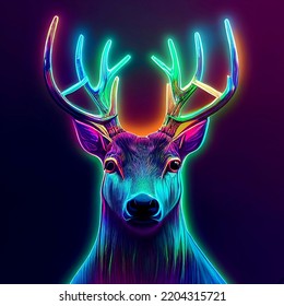 Portrait Of Majestic Deer In Glowing Neon Style