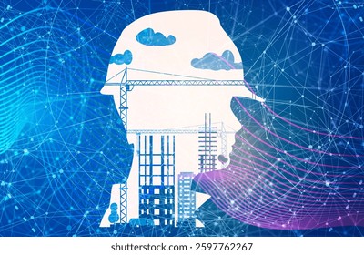 Portrait of man architect at building site. Confident construction manager wearing hardhat. Successful mature civil engineer at construction site. Project management, engineering and safety inspection