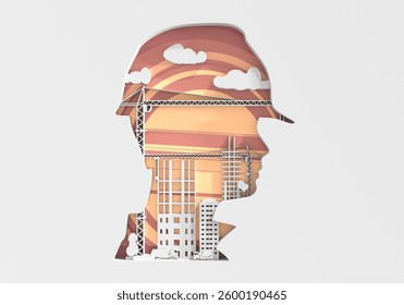 Portrait of man architect at building site. Construction manager wearing hardhat. Successful mature civil engineer at construction site. Project management, engineering, safety. 3D Illustration