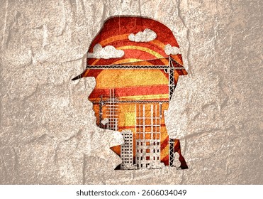 Portrait of man architect at building site. Construction manager wearing hardhat. Successful mature civil engineer at construction site. Project management, engineering, safety inspection.