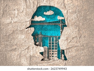 Portrait of man architect at building site. Construction manager wearing hardhat. Successful mature civil engineer at construction site. Project management, engineering, safety inspection.