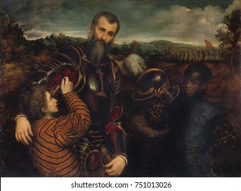 PORTRAIT OF A MAN IN ARMOR WITH TWO PAGES, By Paris Bordon, 1525_71, Italian Renaissance Painting. Military Commander Prepares For Battle With The Help Of Two Pages, One Of Whom Is African. In The Rig