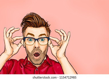 Portrait of man in glasses says wow with open mouth to see something unexpected. Shocked  guy with surprised expression. Emotions concept