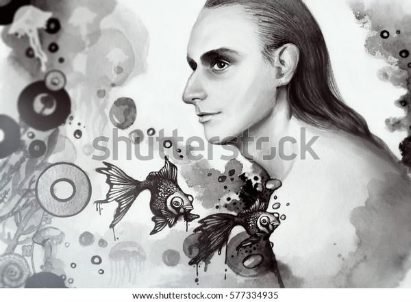 Portrait Man Long Hair Surrealism Drawing Stockillustration