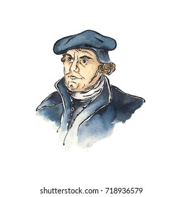 Portrait of Martin Luther, Watercolor Illustration (1483-1546) the key person in Protestant Reformation, 500th Anniversary