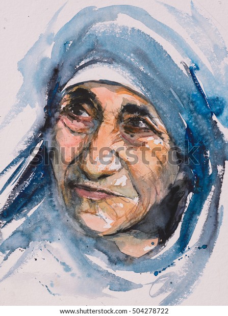 マザー テレサのポートレートはカルカッタのブレステッド テレサとも呼ばれ マザー テレサ はアルバニアのローマカトリックの修道女で 宣教師です 水彩画です のイラスト素材