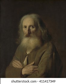 Portrait Of An Old Man, By Simon Kick, 1639, Dutch Painting, Oil On Panel. Elderly Old Man With A White Beard And Long Gray Hair With Arms Folded On His Chest