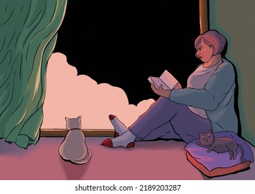 Portrait Of An Older Woman Reading A Book By The Window, With Two Cats As A Company