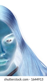 Portrait Oriented Half of Woman's Face with Bright Blue Eye and White Background