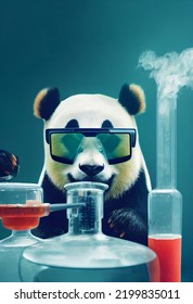 Portrait Of A Panda Mad Scientist Mixing Chemicals In A Lab Wearing Cool Safety Glasses