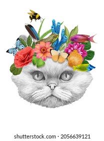 Portrait Of Persian Cat With A Floral Crown.  Flora And Fauna. Hand-drawn Illustration, Digitally Colored.