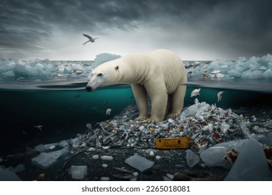 retrato de oso polar nadando en agua esparcida con residuos plásticos dejados por la actividad humana