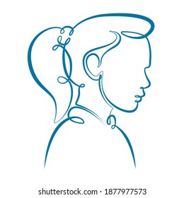 Portrait Profile Silhouette Of A Female Head, Young Woman Girl With Beautiful Hairstyle. One Line Continuous Thick Bold Single Drawn Art Doodle Isolated Hand Drawn Outline Logo Illustration.