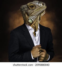 Portrait of a reptilian man in pince-nez in business style. 3D illustration. Imitation of oil painting.