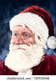 Portrait Santa Claus, Christmas Illustration Digital Painting, Oil On Canvas Texture
