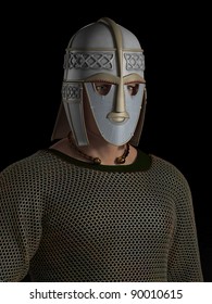 Portrait of a Saxon warrior chieftain with decorated helmet, 3d digitally rendered illustration on black background