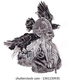 Portrait of Scandinavian god Odin in viking helmet with two ravens. Sketchy expressive artistic style hand drawn ink and brush illustration. Norse mythology, paganism, fantasy, warrior chief.