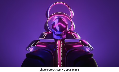 Portrait of scary futuristic necromancer with human skull, metal teeth wears sci-fi virtual reality glasses. Black armor with glowing pink white wires floating in the air. 3d render on purple backdrop - Powered by Shutterstock