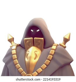 Portrait Of Scary Necromancer In Medieval Gray Hooded Cloak, Chunky Gold Chain Necklace, Shoulder Spike Armor. Fairytale Face Of Dark Wizard, Glowing Angry Eyes. 3d Render Isolated On White Backdrop.