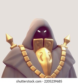 Portrait Of Scary Necromancer Wears Medieval Gray Hooded Cloak, Chunky Gold Chain Necklace, Shoulder Spike Armor. Fairytale Face Of Faceless Dark Wizard, Glowing Angry Eyes. 3d Render In Pastel Color.