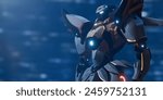 Portrait of science-fiction futuristic mech samurai warrior with white gray, shiny gold, scratched heavy metal armor, glowing eyes on dark blue night light bokeh city backdrop. Battle robot. 3d render