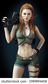 Portrait Of A Sexy Battle Born Female Soldier With Long Red Hair ,automatic Weapon,combat Knife And A Gradient Background. 3d Rendering
