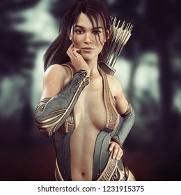 Portrait of a sexy fantasy brunette female archer with woods background. 3d rendering