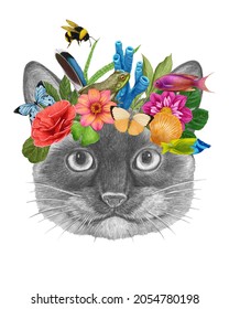 Portrait Of Siamese Cat With A Floral Crown.  Flora And Fauna. Hand-drawn Illustration, Digitally Colored.