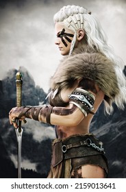 Portrait Side View Of A Fierce Viking Female Warrior With White Braided Hair And Black Face Paint Markings. 3d Rendering